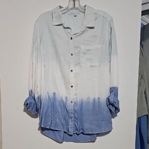 New Directions Light Blue Shirt Dip Dyed Button Down Sz Large Game Day UNC Fall